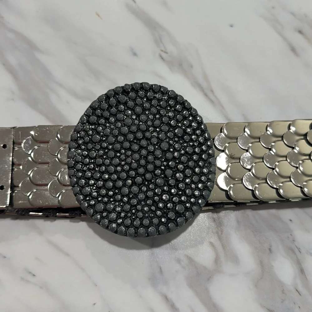 Vtg Belt Silver Metal Snake Fish Scale Disco Retro Elastic Stretch Slinky‎ Shiny